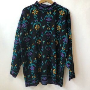 B.I. GEAR 80's Vintage Sweater Grandpa Style Floral Black Purple Women's L/XL